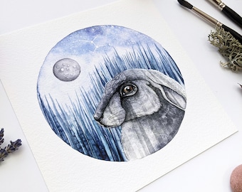Blue hare bunny rabbit Watercolor Giclee PRINT Painting night sky moon constellation - Art illustration drawing original by Norvile