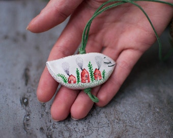 Green bird necklace - hand made jewelry - hand painted pendant - unique pendant - wearable art - ooak - miniature painting - watercolor art