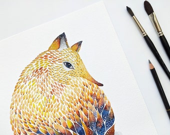 Fox Watercolour Art Print / Vibrant Wall Decor / Abstract Art Print / Ornamental Art / Decorative Painting / Original Fox illustration