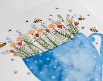 Cute nursery decor idea /  Tea cup / Flowers /  bees Original Watercolor ink Painting - miniature Art drawing / wall art / gift idea by Nora