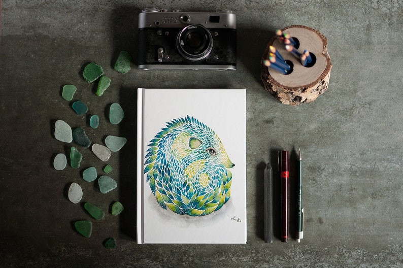 Animal hedgehog Notebook / blue green journal / art sketchbook / notepad / diary / hardcover / gift idea / original illustration by Nora image 1