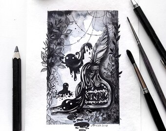 Original Watercolor Painting | Ink creature painting | original illustration | Wall art | Ink illustration | Miniature | Black & White art