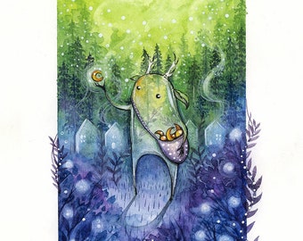 Original Watercolor painting | Cute Forest Creature | Magical night | original forest illustration | Wall art | Colorful art | Gift idea