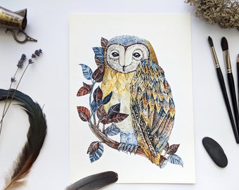 owl Watercolor Painting  PRINT - nature / bird / feather flora - Fine Art  drawing / home decor / gift idea Original  by Norvile