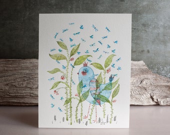 Bird Acuarela Original Painting - dragonfly flowers ILLUSTRATION - Fine Art drawing / home decor / gift idea / nursery decoración por Nora