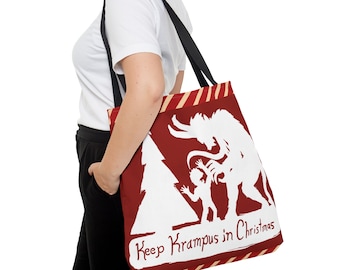 May include: Red tote bag featuring a white Krampus illustration with a child and the text "Keep Krampus in Christmas". The bag has black straps and a red and beige striped border. A festive accessory.