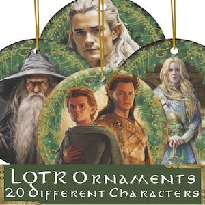 May include: A set of 20 round Christmas ornaments featuring characters from the Lord of the Rings. The ornaments are white with green holly and gold lettering. The text on the ornaments reads "LOTR Ornaments 20 Different Characters".