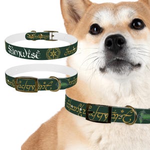 Puede incluir: Collares para perros blancos y verdes con texto y detalles dorados. Los collares tienen una banda verde oscuro con texto blanco y una hebilla dorada. Un collar tiene el nombre "Samwise" impreso. Los collares se muestran en un perro.
