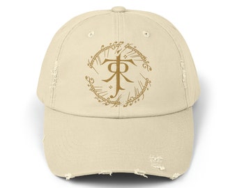 LOTR Tolkien Gold Unisex Distressed Cap, Cappello del Signore degli Anelli, Cappello Snapback Anelli di Potere, Abbigliamento Tolkien, Abbigliamento Hobbit, Cappellino LOTR