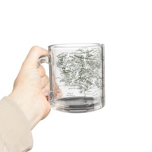 May include: Clear glass mug featuring a detailed map design in shades of green. The map includes text and intricate illustrations of landscapes. The mug has a handle and is held by a person's hand.
