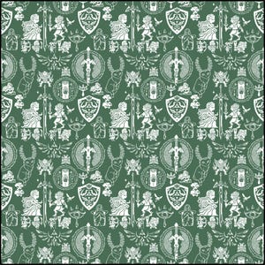 May include: A repeating pattern on a green background featuring white illustrations of characters, swords, shields, and other symbols. The design includes figures with swords, owls, and circular emblems, creating a detailed and thematic pattern.
