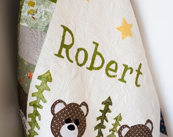 Woodland Nursery Quilt, Handmade Baby Quilts for Sale, Modern Baby Quilts, New Parents Gift, Baby Boy Blanket