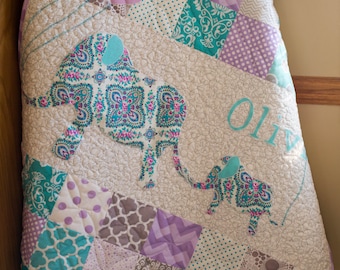 Modern Baby Quilt, Handmade Baby Quilt, Custom Baby Quilt, Luxury Baby Gift, Modern Newborn Quilt, Elephant Nursery Personalized Baby Quilt,