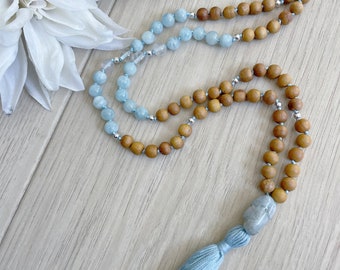 Calming Mala - 108 bead hand knotted mala made with Aquamarine, Quartz, and sandalwood beads