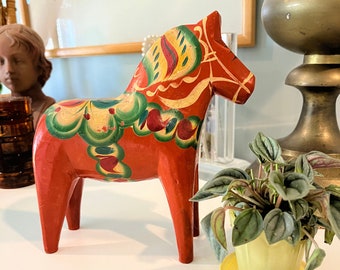 Vintage Scandinavian Mid Century Modern 1960's Nils Olsson Akta Dalahemslöjd Orange Dala Horse - Sweden - 8''