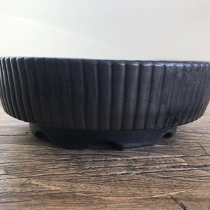 May include: A black ceramic bonsai pot with a ribbed design and a scalloped edge.