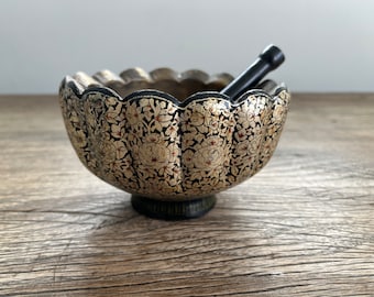 Vintage Mid Century Persian Chinoiserie Paper Mache And Brass Silver Leaf Floral Mortar And Pestle