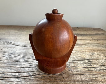 Rare Vintage Mid Century Modern Wall Mounted Swiveling Teak Salt Ball with Lid by ESA Denmark