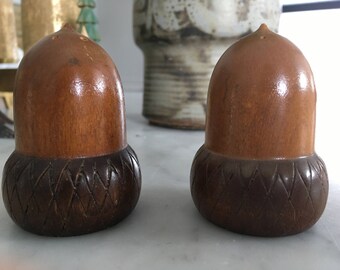 Vintage Mid Century Wood Acorn Salt And Pepper Shakers