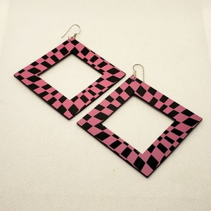 Retro pink and black square earrings vintage 80&#39;s
