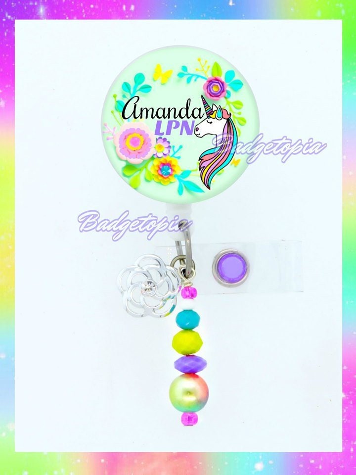 Unicorn Badge Reel Retractable ID Holder Unicorn Floral Badge Reel ID Badge Holder Work Badge Reel Swivel Pinch Clip Badge Holder