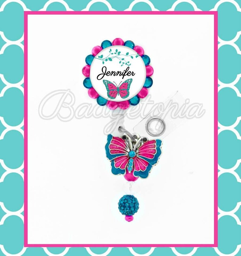 Cute Pink Butterfly Retractable ID Badge Reel Personalized Name Rhinestone Nurse Badge ID Reel Medical Pink Butterfly E355
