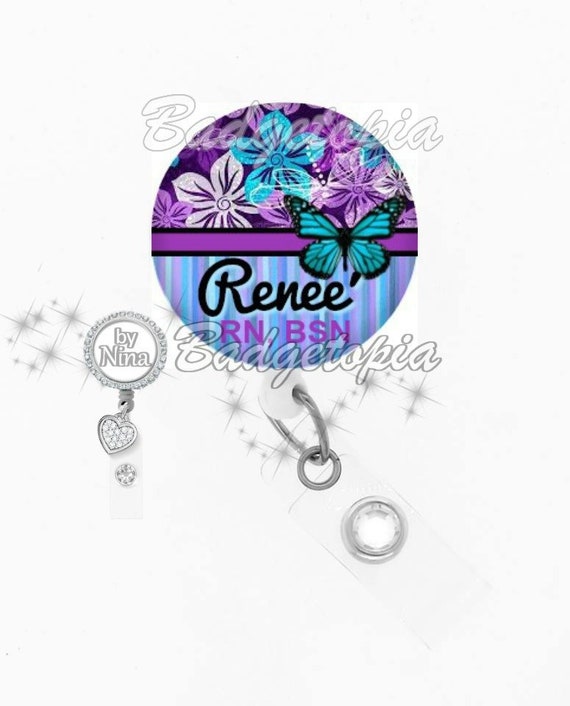 Butterfly Flowers Retractable Reel ID Badge holder personalized w/ur name nurse 