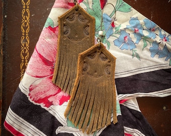 Leather Earrings, Leather Fringe Earrings, Handcrafted Leather Earrings, Hand Tooled Leather Earrings, Western Fringe Earrings