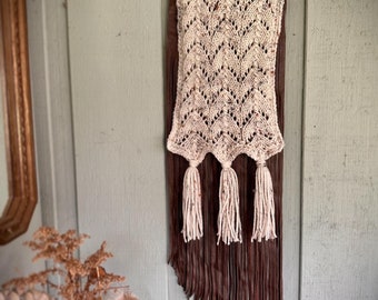 Wall Hanging, Knitted Wall Hanging, Leather Fringe Wall Hanging, Boho Wall Art, Western Wall Hanging