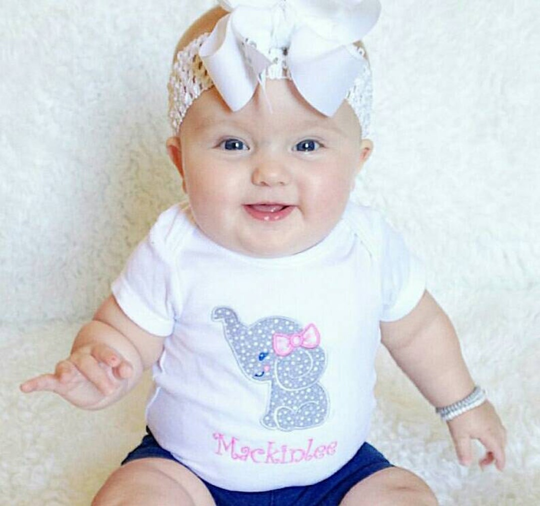 Personalized Baby Girl Elephant Bodysuit, Embroidered, Grey and Pink