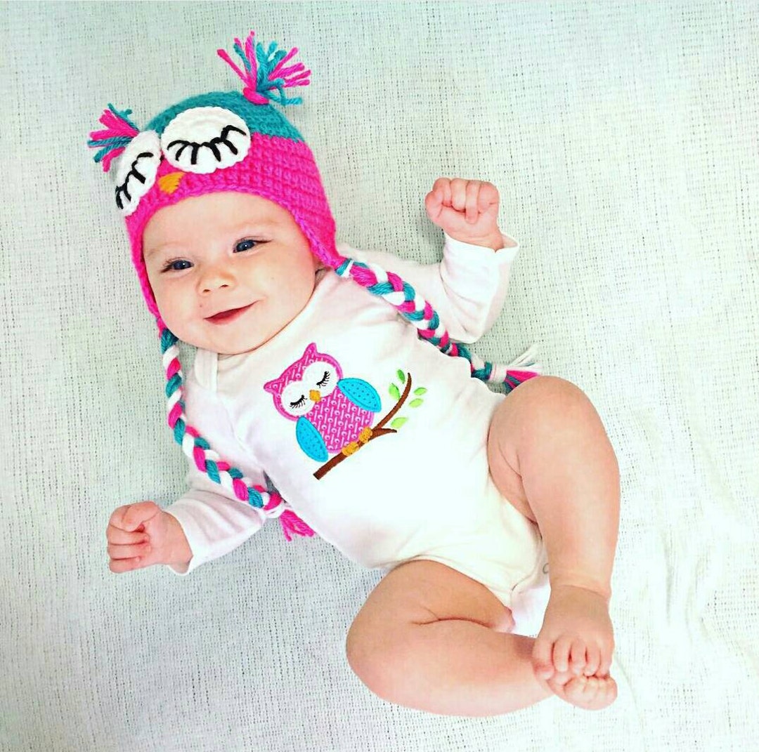 Baby Girl Owl Crochet Hat and Embroidered Onesie, Personalized, Pink
