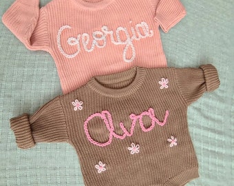 Hand embroidered baby knit sweater romper, baby romper, baby photo prop, baby name sweater, embroidered sweater, custom name sweater