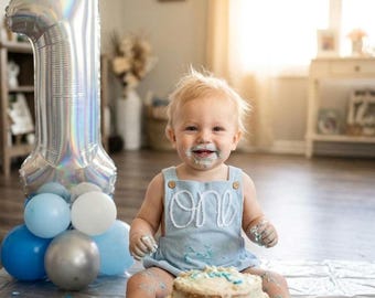 Hand embroidered baby overalls, first birthday outfit, boy first birthday, baby overalls, baby boy romper, baby name overalls, turning one