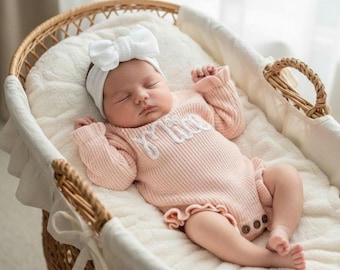 Suéter con volantes para bebé bordado a mano, suéter con volantes y diadema, suéter de punto personalizado, conjunto con nombre para bebé, conjunto para bebé, niña