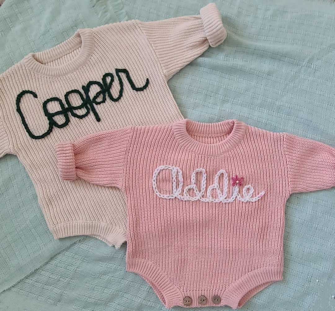 Hand Embroidered Baby Knit Sweater Romper, Personalized Knit Romper