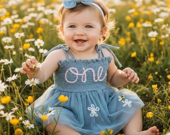 Birthday tutu romper and headband, hand embroidered romper, first bee day, birthday outfit, floral bee birthday, happy bee day, floral tutu
