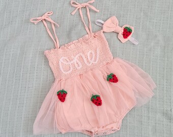 Birthday tutu romper and headband, berry first birthday, hand embroidered romper, first birthday tutu, birthday outfit,sweet one, strawberry