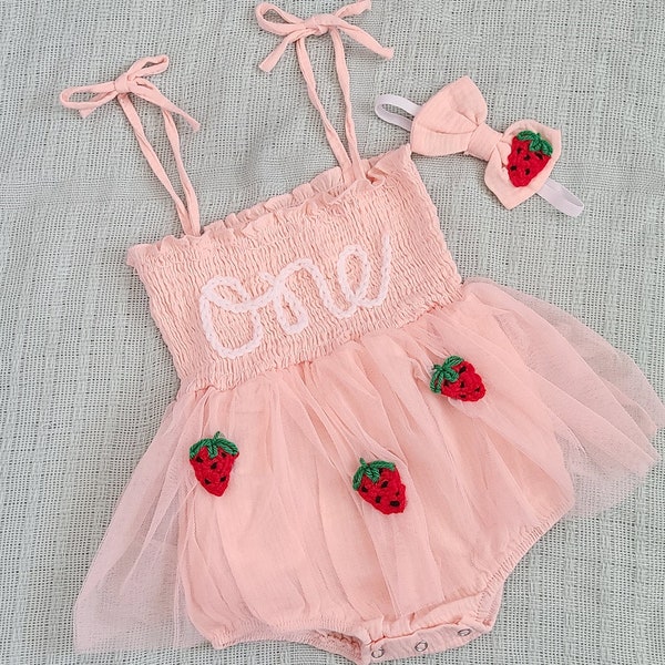 Birthday tutu romper and headband, berry first birthday, hand embroidered romper, first birthday tutu, birthday outfit,sweet one, strawberry