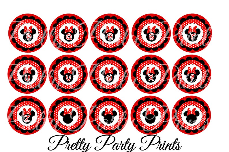 Jewelry and Magnets Hair Bows Instant Download Minnie Mouse Alphabet 1 inch Round Circles for Bottle Caps
