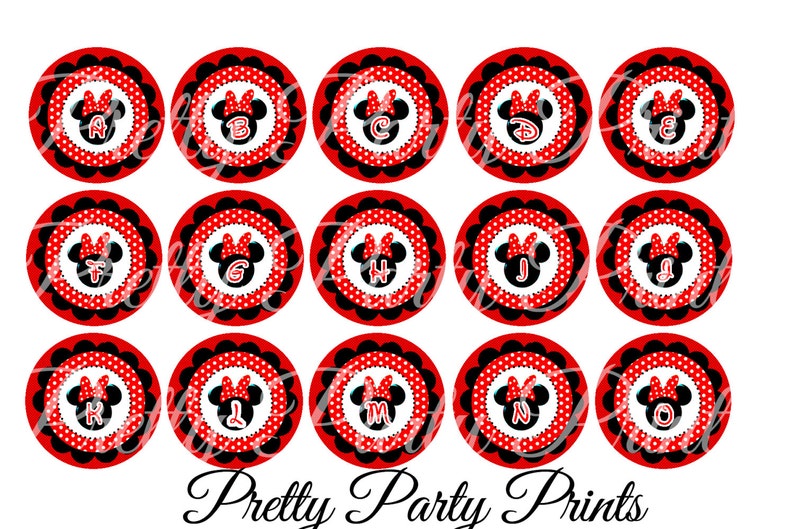 Jewelry and Magnets Hair Bows Instant Download Minnie Mouse Alphabet 1 inch Round Circles for Bottle Caps