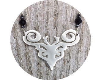 Deer - Elk - Reindeer - Caribou - Stag Necklace with Black Spinel & Hematite in Silver - Victorian Details Architectural Collection