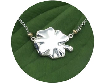 Lucky Four Leaf Clover Sterling Silver Necklace with 14k Yellow Gold Accent Beads