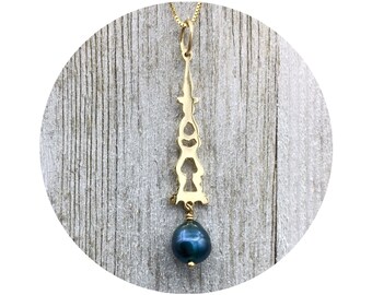 Auditorium Pendant in 14K Yellow Gold with Blue Fresh Water Pearl Drop - Victorian Details Architectural Collection - Village of Round Lake