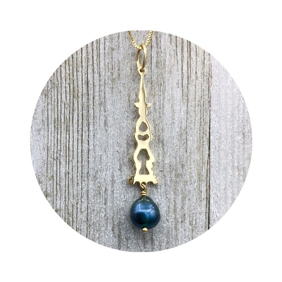 Auditorium Pendant in 14K Yellow Gold with Blue Fresh Water Pearl Drop - Victorian Details Architectural Collection - Village of Round Lake