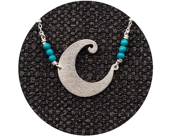 Whimsical Crescent Blue Moon Pendant Handmade in Sterling Silver and Accented With Turquoise Beads Suspended from a Beaded Cable Chain