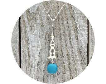 Turquoise Blue Magnesite Stone Drop Pendant in Sterling Silver Inspired By Victorian Architecture – The Round Lake Collection