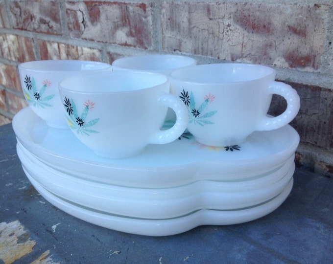 Federal Milk Glass Floral / Leaf Snack Set 4 Complete Cups / Trays
