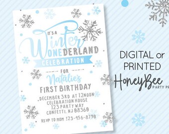 Winter Onederland Invitation, Winter Birthday, ONEderland, Snowflake Invite, ,Winter Wonderland, Blue and Silver