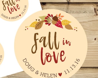 Fall in Love// 2 inch circle stickers - Wedding Favor Stickers// Engagement Stickers// Save the Date Stickers