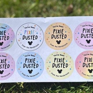 Puede incluir: Una hoja de ocho pegatinas circulares con el texto "You've Been Pixie Dusted" en una fuente caprichosa, con un gráfico de la cabeza de Mickey Mouse. Cada pegatina tiene un esquema de color pastel diferente y el texto "From the Hendersons".